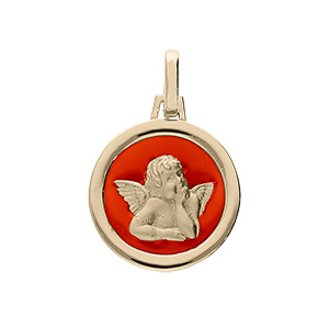 Pendentif en plaqué or médaille avec Ange sur fond corail