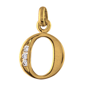 Pendentif en plaqué or lettre O ornée d'oxydes blancs sur une partie