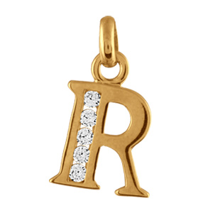 Pendentif en plaqué or lettre R ornée d'oxydes blancs sur une partie