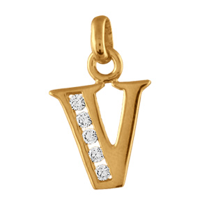 Pendentif en plaqué or lettre V ornée d'oxydes blancs sur une partie