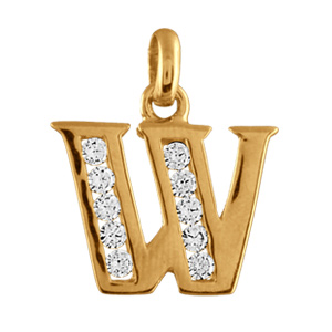Pendentif en plaqué or lettre W ornée d'oxydes blancs sur une partie