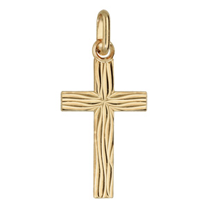 Pendentif croix en plaqué or moyenne gravure aspect bois