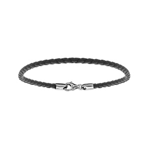 Bracelet en argent rhodié et cuir tressé noir 22cm