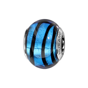 Charms Thabora en argent rhodié et verre de Murano véritable bleu avec filet noir qui tourne