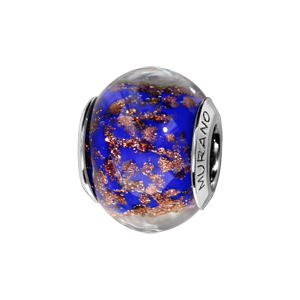 Charms Thabora en argent rhodié et verre de Murano véritable bleu foncé moucheté cuivré