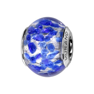 Charms Thabora en argent rhodié et verre de Murano véritable argenté moucheté bleu moyen