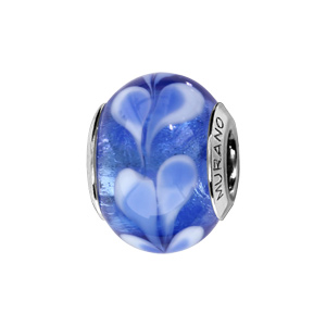 Charms Thabora en argent rhodié et verre de Murano véritable bleu moyen avec coeurs en 2 parties