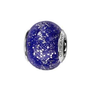 Charms Thabora en argent rhodié et verre de Murano véritable bleu foncé pailleté