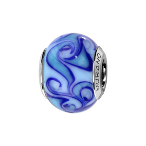 Charms Thabora en argent rhodié et verre de Murano véritable bleu moyen avec volutes bleu foncé et clair