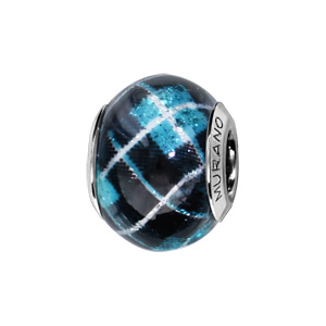 Charms Thabora en argent rhodié et verre de Murano véritable bleu et imprimé carreaux écossais