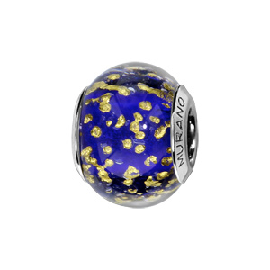 Charms Thabora en argent rhodié et verre de Murano véritable bleu foncé moucheté doré