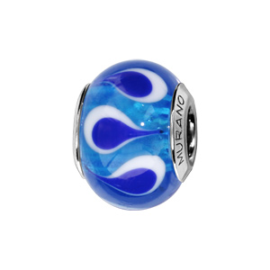 Charms Thabora en argent rhodié et verre de Murano véritable bleu avec gouttes bleu foncé et blanches en sens inverse alterné