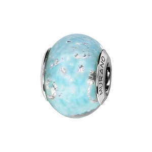 Charms Thabora en argent rhodié et verre de Murano véritable bleu ciel nébuleux avec parties argentées