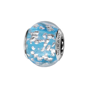 Charms Thabora en argent rhodié et verre de Murano véritable bleu ciel moucheté argenté