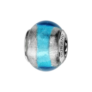 Charms Thabora en argent rhodié et verre de Murano véritable argent avec bande bleu ciel au milieu