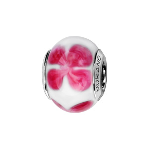 Charms Thabora en argent rhodié et verre de Murano véritable blanc avec fleur à 4 pétales rose