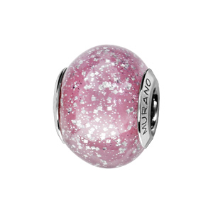 Charms Thabora en argent rhodié et verre de Murano véritable rose avec paillettes argentées