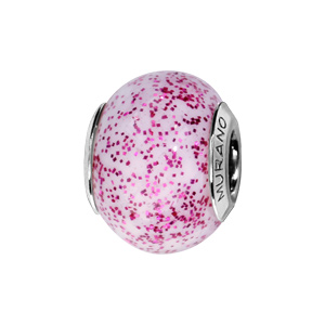 Charms Thabora en argent rhodié et verre de Murano véritable blanc pailletté rose
