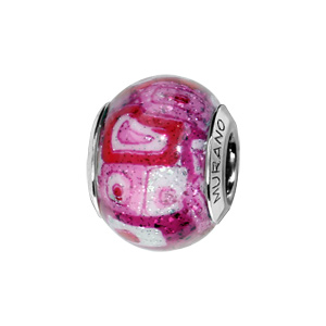 Charms Thabora en argent rhodié et verre de Murano véritable rose avec motifs géométriques rouges et blancs pailleté