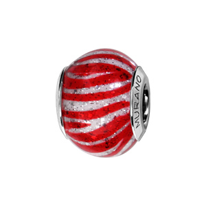 Charms Thabora en argent rhodié et verre de Murano véritable blanc rébré rouge pailleté