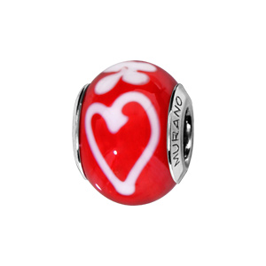 Charms Thabora en argent rhodié et verre de Murano véritable rouge avec coeur et fleur blancs