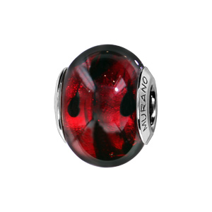 Charms Thabora en argent rhodié et verre de Murano véritable rouge avec taches noires