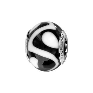 Charms Thabora en argent rhodié et verre de Murano véritable noir avec zig-zag et points blancs