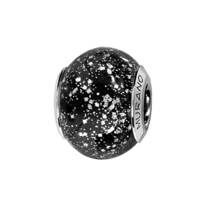 Charms Thabora en argent rhodié et verre de Murano véritable noir avec paillettes argentées