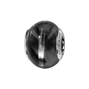 Charms Thabora en argent rhodié et verre de Murano véritable noir avec bande argentée au milieu