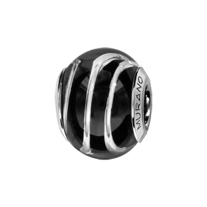 Charms Thabora en argent rhodié et verre de Murano véritable noir avec filet argenté qui fait le tour