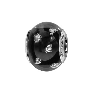 Charms Thabora en argent rhodié et verre de Murano véritable noir avec taches argentées