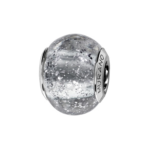 Charms Thabora en argent rhodié et verre de Murano véritable transparent avec paillettes argentées