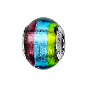 Charms Thabora en argent rhodié et verre de Murano véritable 3 bandes : vert, bleu et violet