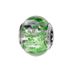 Charms Thabora en argent rhodié et verre de Murano véritable argenté moucheté vert