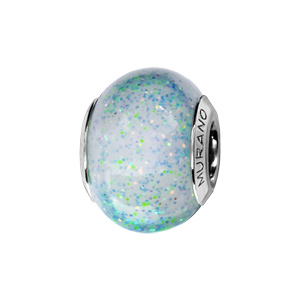 Charms Thabora en argent rhodié et verre de Murano véritable blanc avec paillettes vertes et bleues