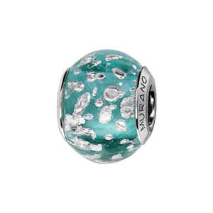 Charms Thabora en argent rhodié et verre de Murano véritable bleu-vert moucheté argenté