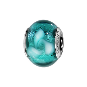 charms thabora en argent rhodié et verre de murano véritable bleu-vert avec tourbillon blanc