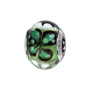 Charms Thabora en argent rhodié et verre de Murano véritable vert avec fleur à 4 pétales vert foncé entourés de noir