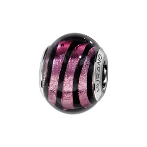 Charms Thabora en argent rhodié et verre de Murano véritable violet avec filet noir qui fait le tour