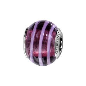 Charms Thabora en argent rhodié et verre de Murano véritable violet avec filet rose qui fait le tour