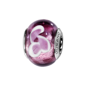 Charms Thabora en argent rhodié et verre de Murano véritable violet avec pétales roses et blancs