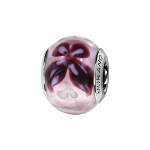 Charms Thabora en argent rhodié et verre de Murano véritable rose avec papillons violets et rose et coeurs blancs