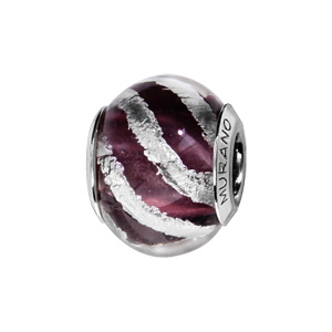 Charms Thabora en argent rhodié et verre de Murano véritable violet zébré argenté en biais