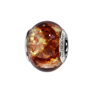 Charms Thabora en argent rhodié et verre de Murano véritable doré moucheté cuivré et bande brune en zig-zag