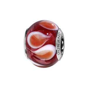 Charms Thabora en argent rhodié et verre de Murano véritable rouge foncé avec gouttes oranges et blanches en sens inverse alterné