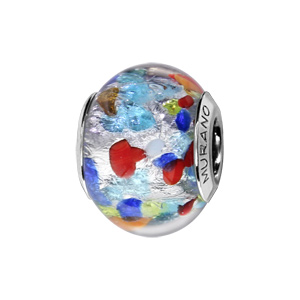 Charms Thabora en argent rhodié et verre de Murano véritable argenté moucheté rouge, bleus, marron, jaune et orange