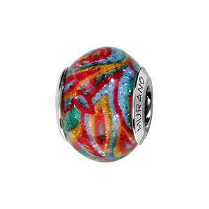 Charms Thabora en argent rhodié et verre de Murano véritable forme de feuilles et tiges bleu-vert, jaune orangé et rouge pailleté