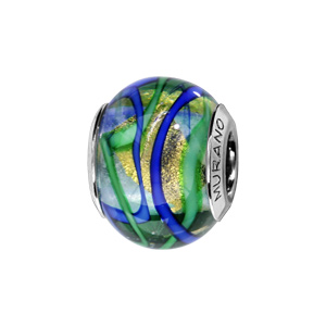 Charms Thabora en argent rhodié et verre de Murano véritable doré avec filets verts et bleus