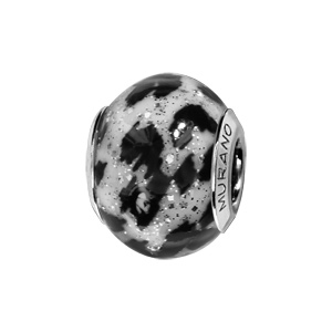 Charms Thabora en argent rhodié et verre de Murano véritable imprimé léopard noir et blanc pailleté