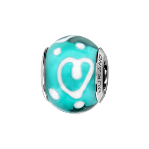 Charms Thabora en argent rhodié et verre de Murano véritable bleu turquoise décoré de coeurs et de points blancs